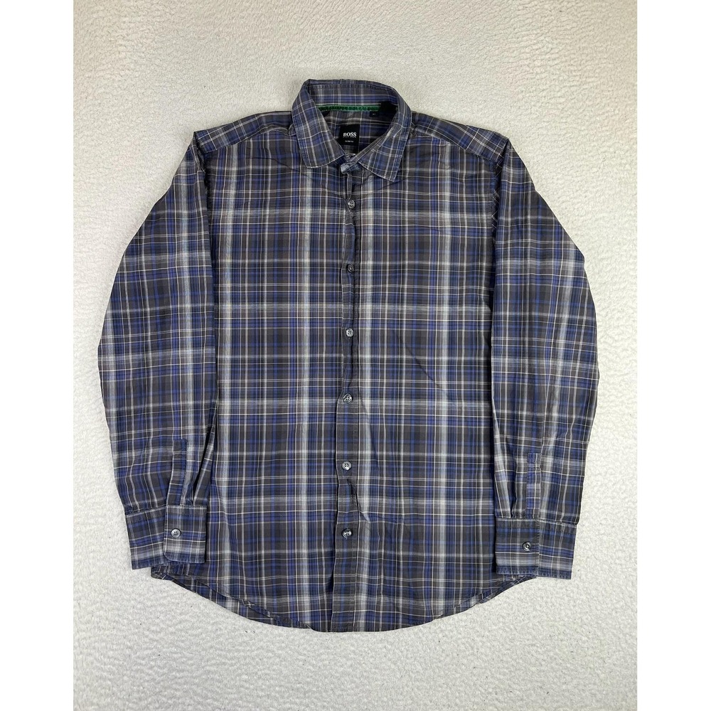BOSS Hugo Boss Shirt Mens Medium Blue Plaid Long Sleeve Slim Fit Button Up